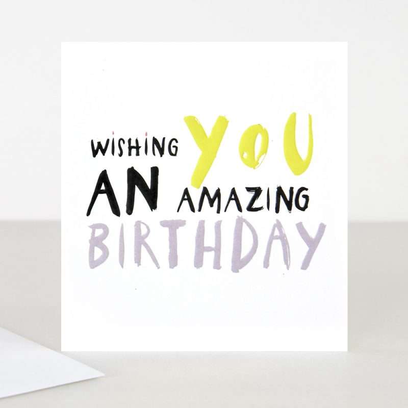 Wishing you an amazing birthday in bold text in black yellow and purple