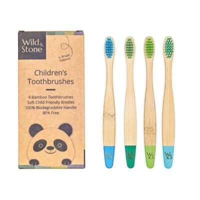 Children's Bamboo Toothbrush - 4 Pack - Aqua Colour