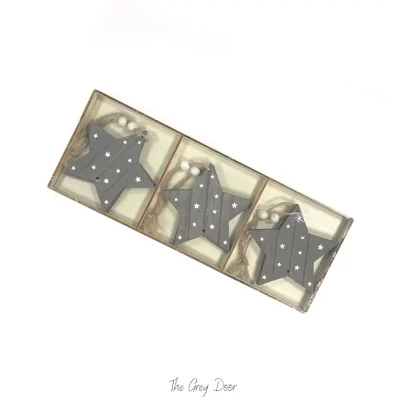 Box of 6 Grey Wooden Hanging Stars