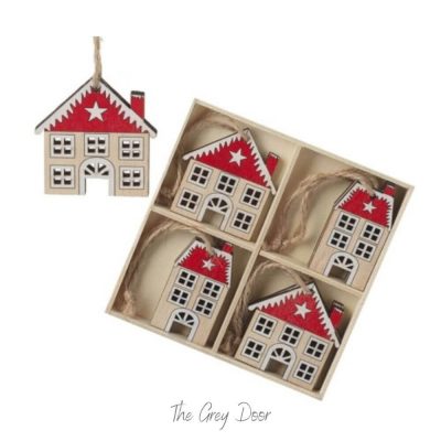 Set of 8 Wooden House Tree Decorations