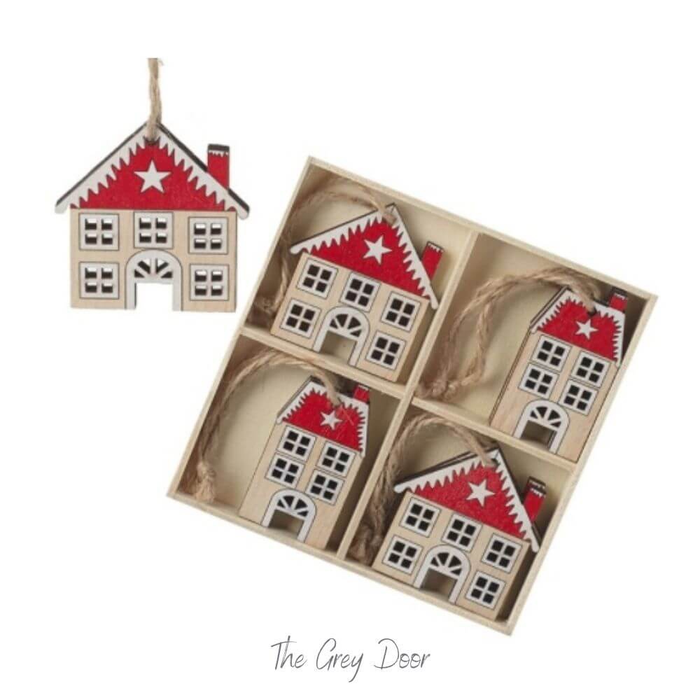 Set of 8 Wooden House Tree Decorations